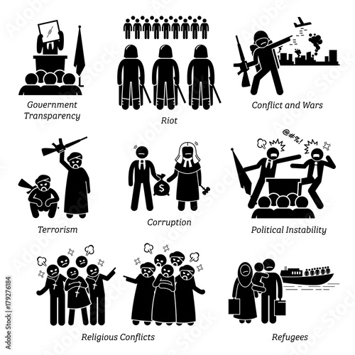 Social Issues World Problems Pictogram Icons. Illustrations depicts government transparency, riot, civil war, conflict, terrorism, corruption, political instability, religious conflicts, and refugee. 