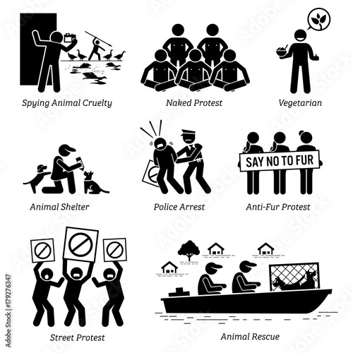 Animal Activists Organization and People Stick Figure Pictogram Icons. Illustrations depicts spying animal cruelty, naked protest, vegan, vegetarian, animal shelter, anti-fur protesters, and rescue.