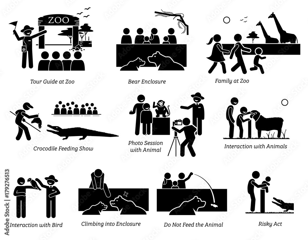 People, Tourist, and Family at Zoo Stick Figure Pictogram Icons.  Illustrations depicts tour guide at zoo, animal, bear enclosure, crocodile  feeding show, photo session, touching animal, and risky act.  Stock-Vektorgrafik | Adobe