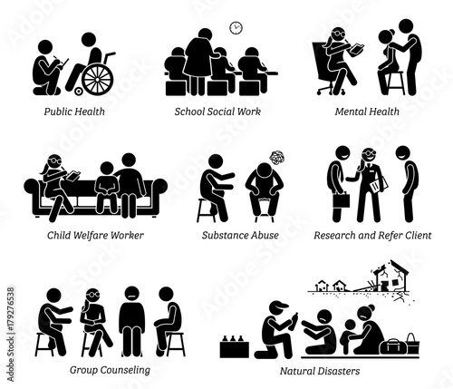 Social Workers Stick Figure Pictogram Icons. Illustrations depict social worker on public health, school, child welfare, substance abuse, research refer client, natural disaster and group counseling. 