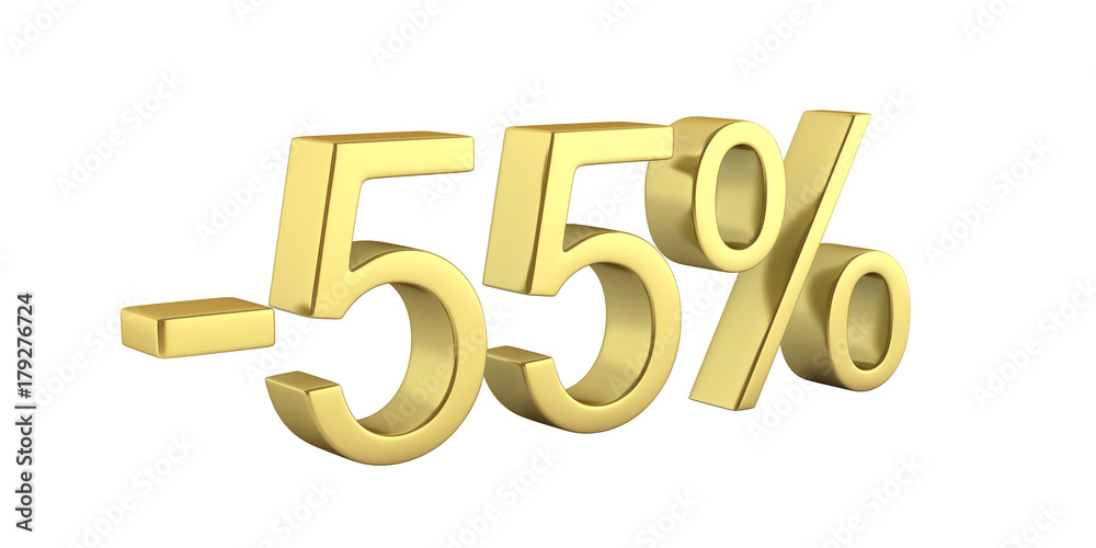 Gold text 55 percent off on white background without shadow 3D render Gold text 55 percent off on white background without shadow 3D render