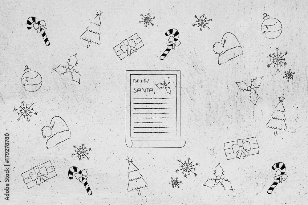 santa's letter surrounded by Christmas symbols