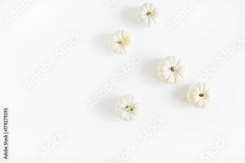 Pale autumn pumpkins. Fall concept. Flat lay  top view. Minimalistic background.
