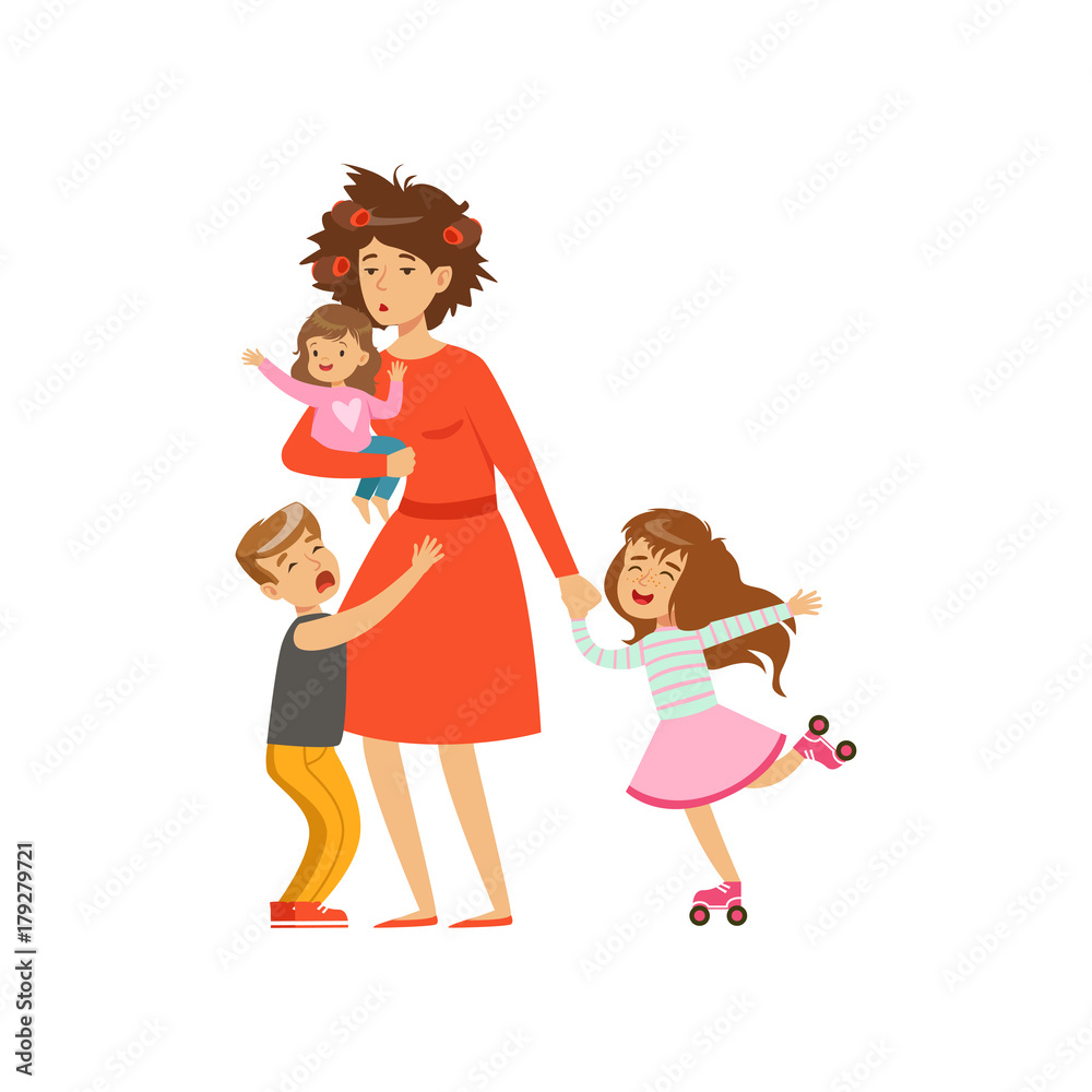 Tired mother with crazy hair and her three kids in cartoon style Tired mother with crazy hair and her three kids in cartoon style