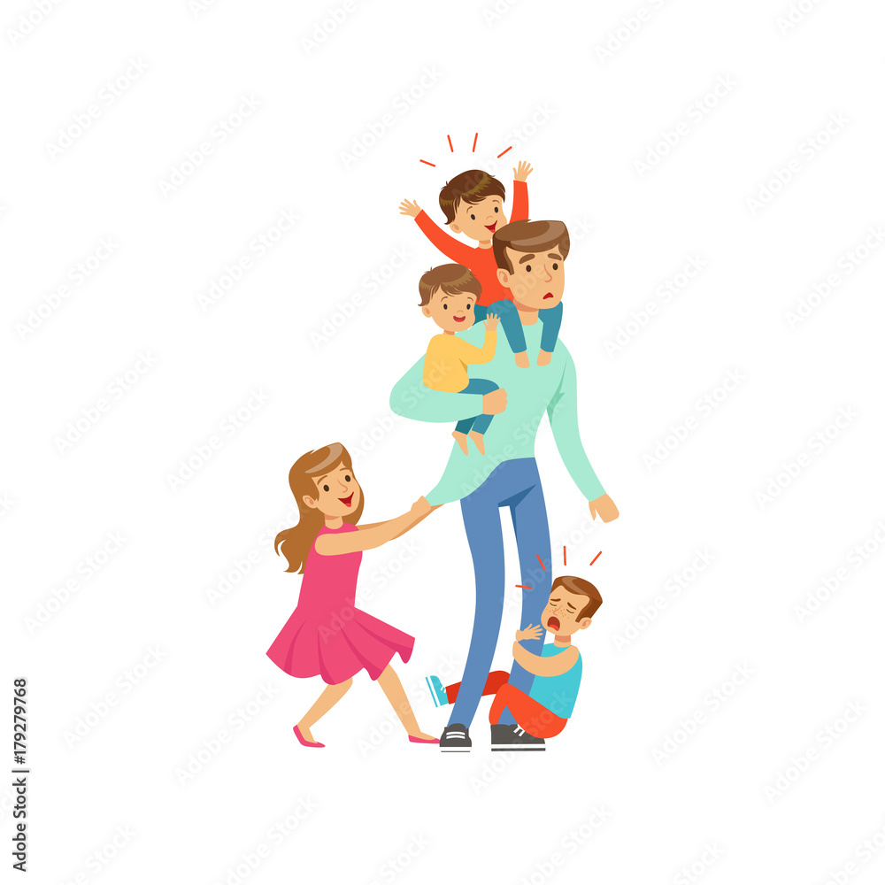 Cartoon exhausted father with his four little naughty kids Cartoon exhausted father with his four little naughty kids