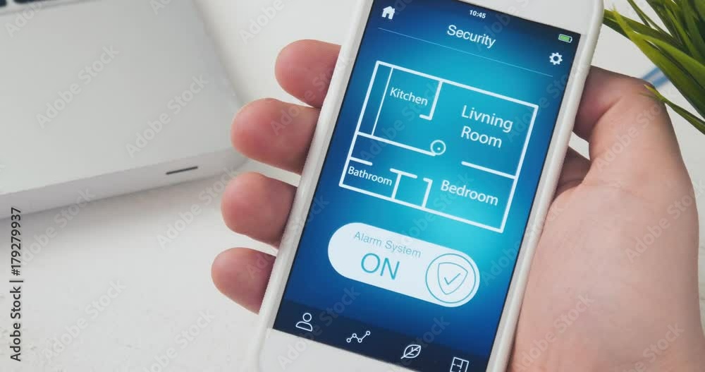 Turning on alarm system in the house using smartphone app Turning on alarm system in the house using smartphone app