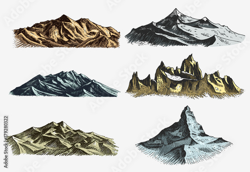 set of vintage, old engraving with mountains peaks in hand drawh sketch style different versions and colors
