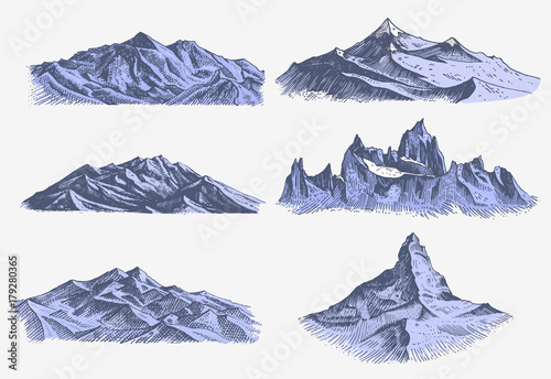 set of vintage, old engraving with mountains peaks in hand drawh sketch style different versions and colors