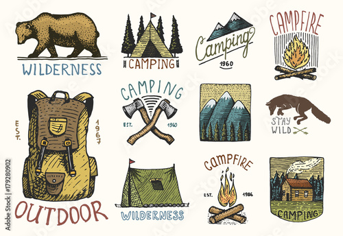 set of engraved vintage, hand drawn, old, labels or badges for camping, hiking, hunting with mountains, campfire and tent, axes. bear and backpack, wolf or red fox.