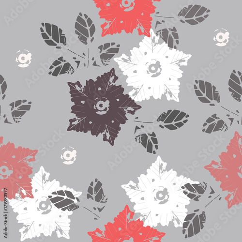 Seamless pattern with flowers and leaves isolated on cute grey background