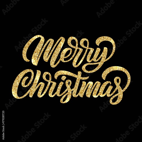 Merry Christmas brush hand lettering with golden glitter texture effect isolated on black background. Vector illustration. Can be used for holidays festive design.