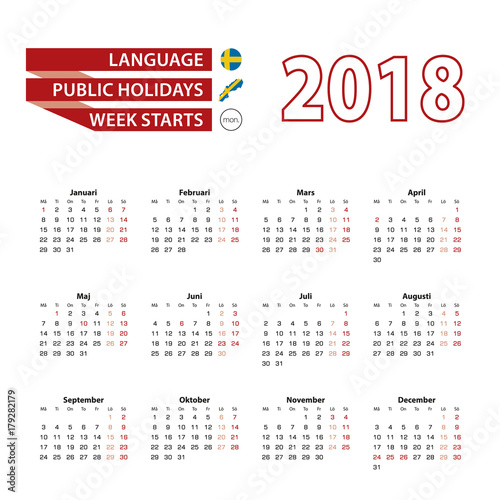 Calendar 2018 in Swedish  language with public holidays the country of Sweden in year 2018.