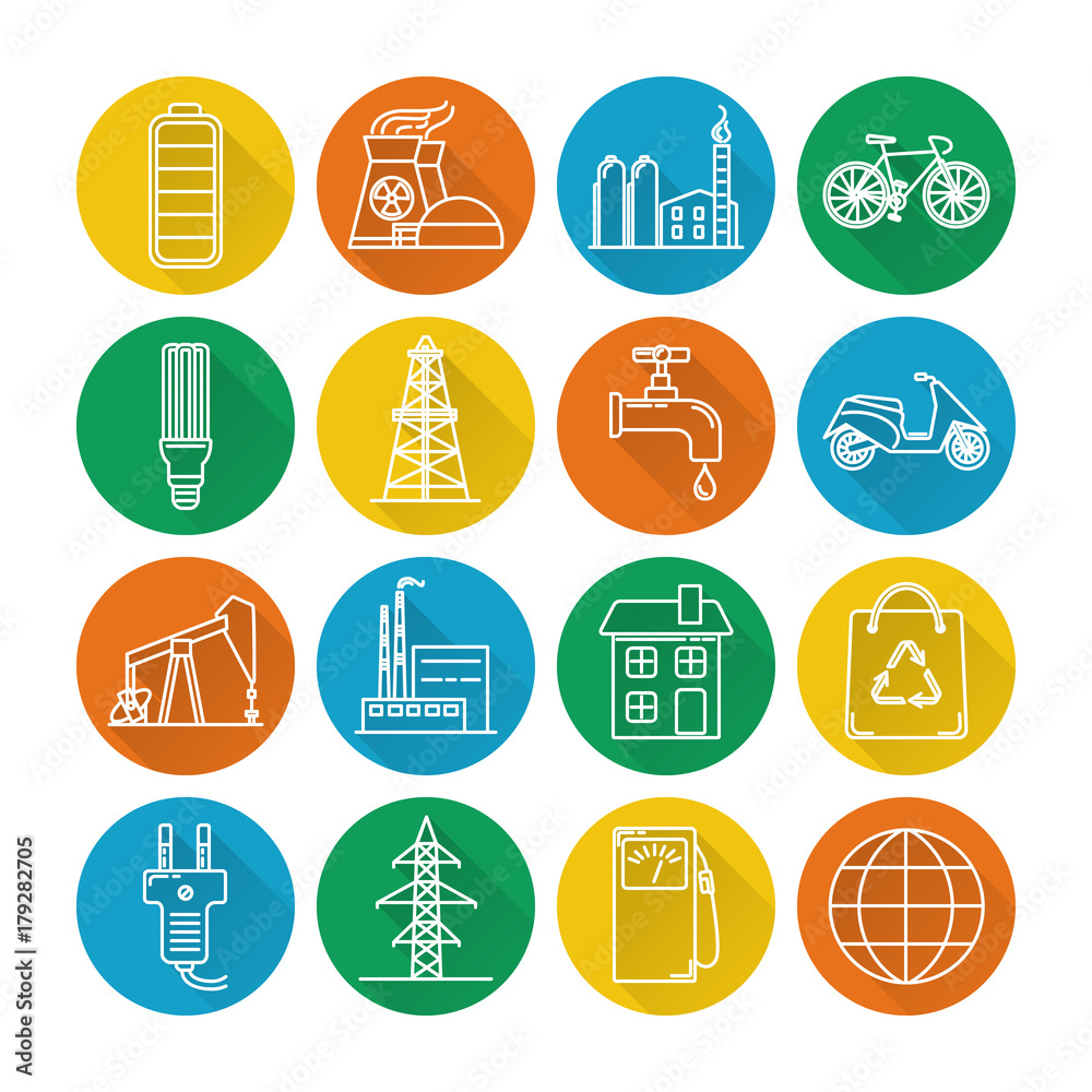 Set of energy and ecology line icons with long shadow Set of energy and ecology line icons with long shadow