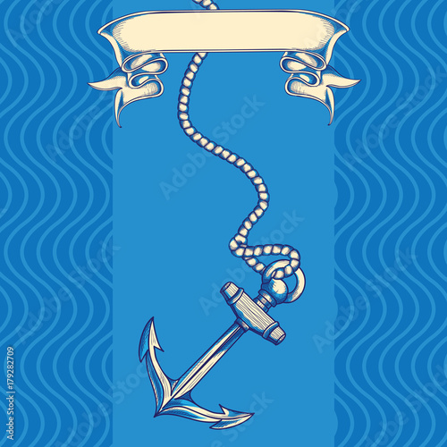 Fototapeta Hand-drawn decorative anchor with rope and ribbon