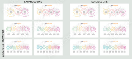 Business presentations. Timelines with 3, 4, 5, 6, 7, 8 steps, gears. Outline vector templates.