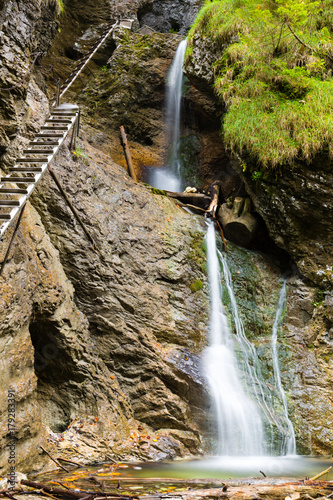 Sucha Bela gorge in Slovensky raj National park, Slovakia. Hikiing Path. Sucha Bela gorge is most popular and one of the most attractive trails. Picture shows Misove vodopady waterfall.
