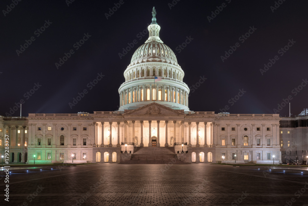 The United States Capitol Building at night, Washington DC, USA.