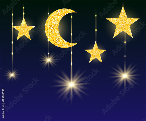 Moon and stars in midnight .paper art style Vector illustration Web site page and mobile app design