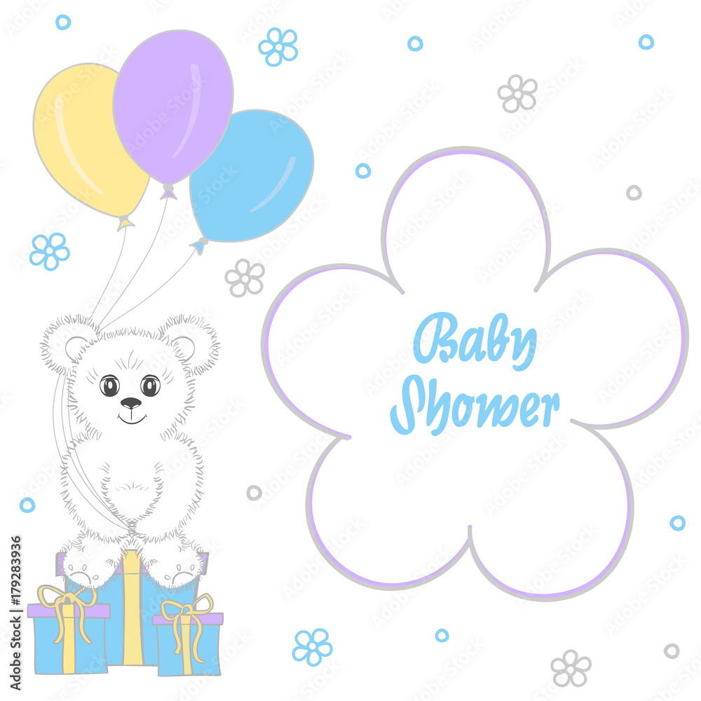 Baby shower boy, invitation card. Place for text. Greeting cards. Vector illustration. Teddy bear with a gift box, blue background, butterfly, flower. Baby shower boy, invitation card. Place for text. Greeting cards. Vector illustration. Teddy bear with a gift box, blue background, butterfly, flower.