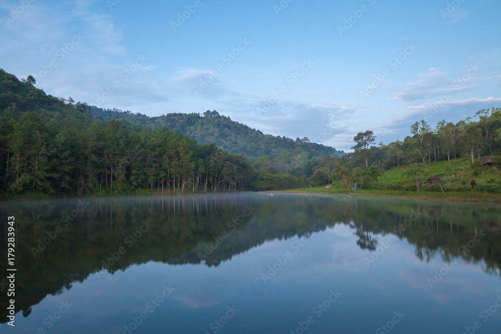 The beautiful landscape of the lake and the pine forest at Pang-Ung which a famous northern Thailand tourist destination.