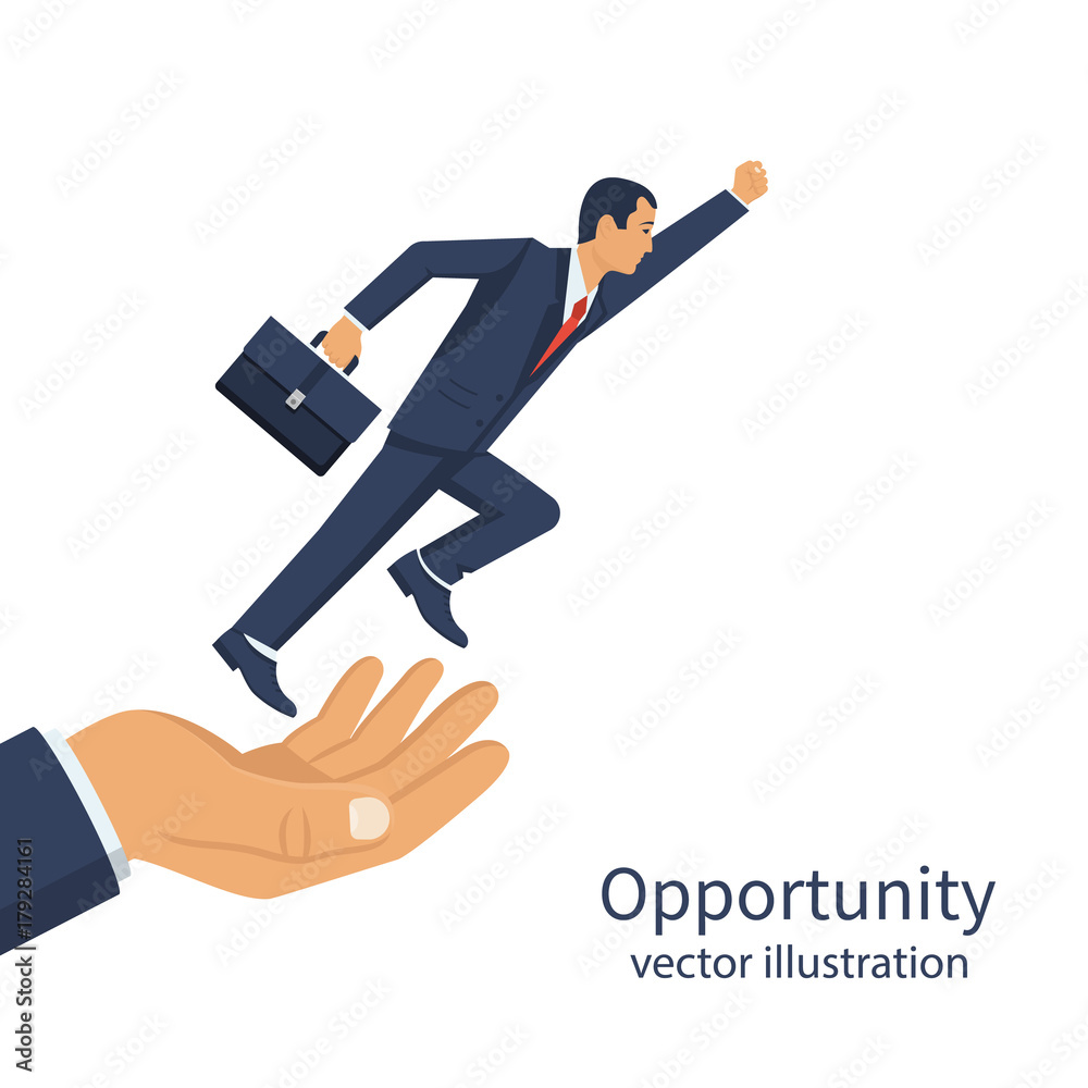 Businessman flying out of hand goes up. Give freedom, opportunity. Business concept. Successful people, moving forward. Vector flat design. Isolated on background. Help in startup.