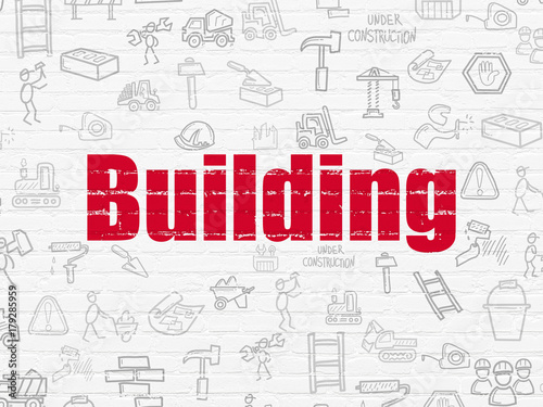 Building construction concept: Painted red text Building on White Brick wall background with Hand Drawn Construction Icons