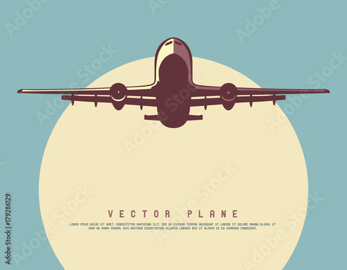 Vector illustration of plane on sunny sky. 