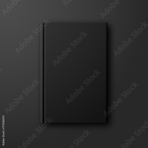 Stylish black book vector mock up on dark black background. Blank black book cover front page template with copyspace for your design.