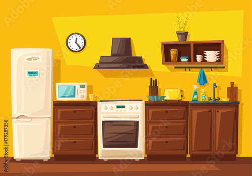 Kitchen interior with furniture. Cartoon vector illustration