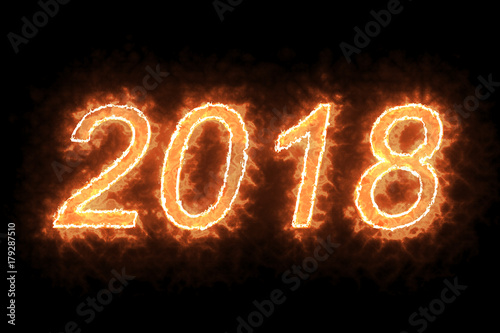 burning 2018 fire word text with flame and smoke in fire on black background with alpha channel, concept of holiday happy new year