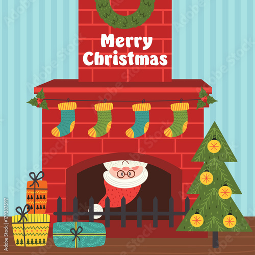 Merry Christmas card with Santa Claus inside fireplace - vector illustration, eps