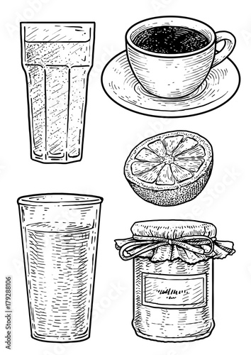 Coffee, milk, jam and orange juice illustration, drawing, engraving, ink, line art, vector photo