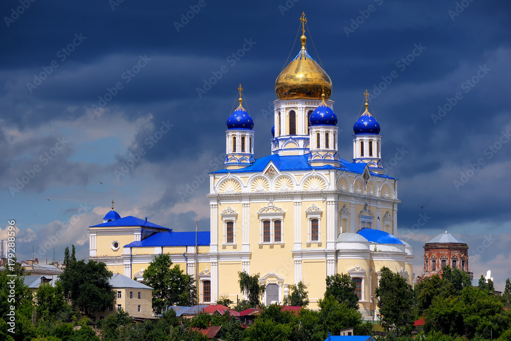 Ascension Cathedral - the main Orthodox church of the city of Yelets, Russian.Tthe cathedral church of Yelets Diocese. Golden domes on the background of a beautiful sky.