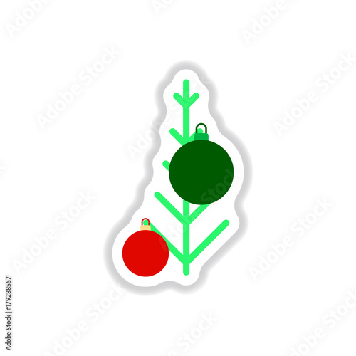 Vector illustration in paper sticker style christmas tree decorated with balls