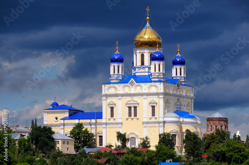 Ascension Cathedral - the main Orthodox church of the city of Yelets, Russian.Tthe cathedral church of Yelets Diocese. Golden domes on the background of a beautiful sky.