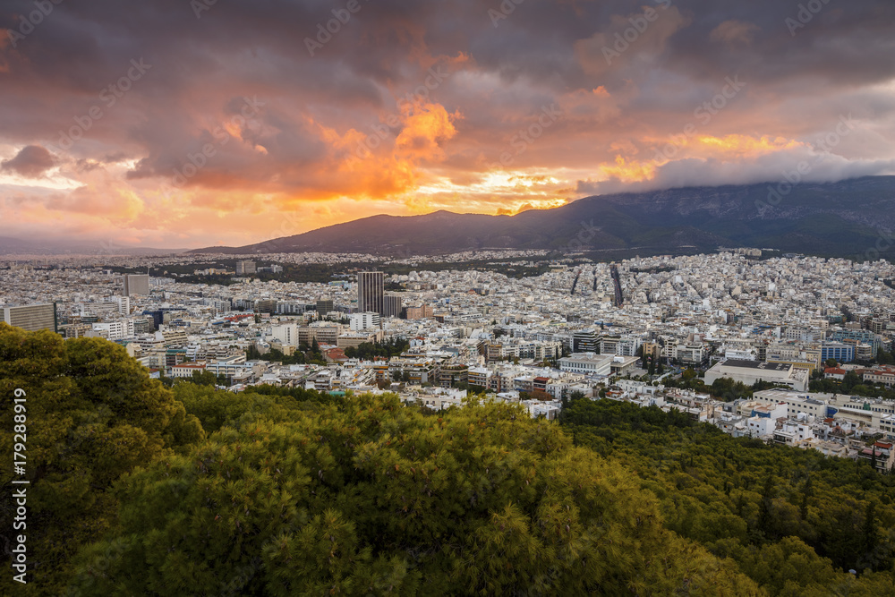 View of Athens from Lycabettus hill at sunrise, Greece. 
