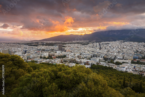 View of Athens from Lycabettus hill at sunrise, Greece. 