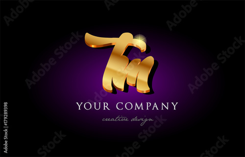  tm  t m 3d gold golden alphabet letter metal logo icon design handwritten typography