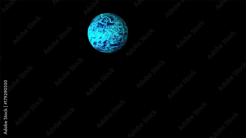 circuit board sphere jumps from left to right on a black background with copy space for your technological inscription. electronics conceptual animation.
