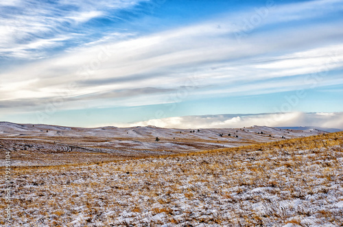 field with trees and sky with clouds in Siberia, Olkhon Island in winter