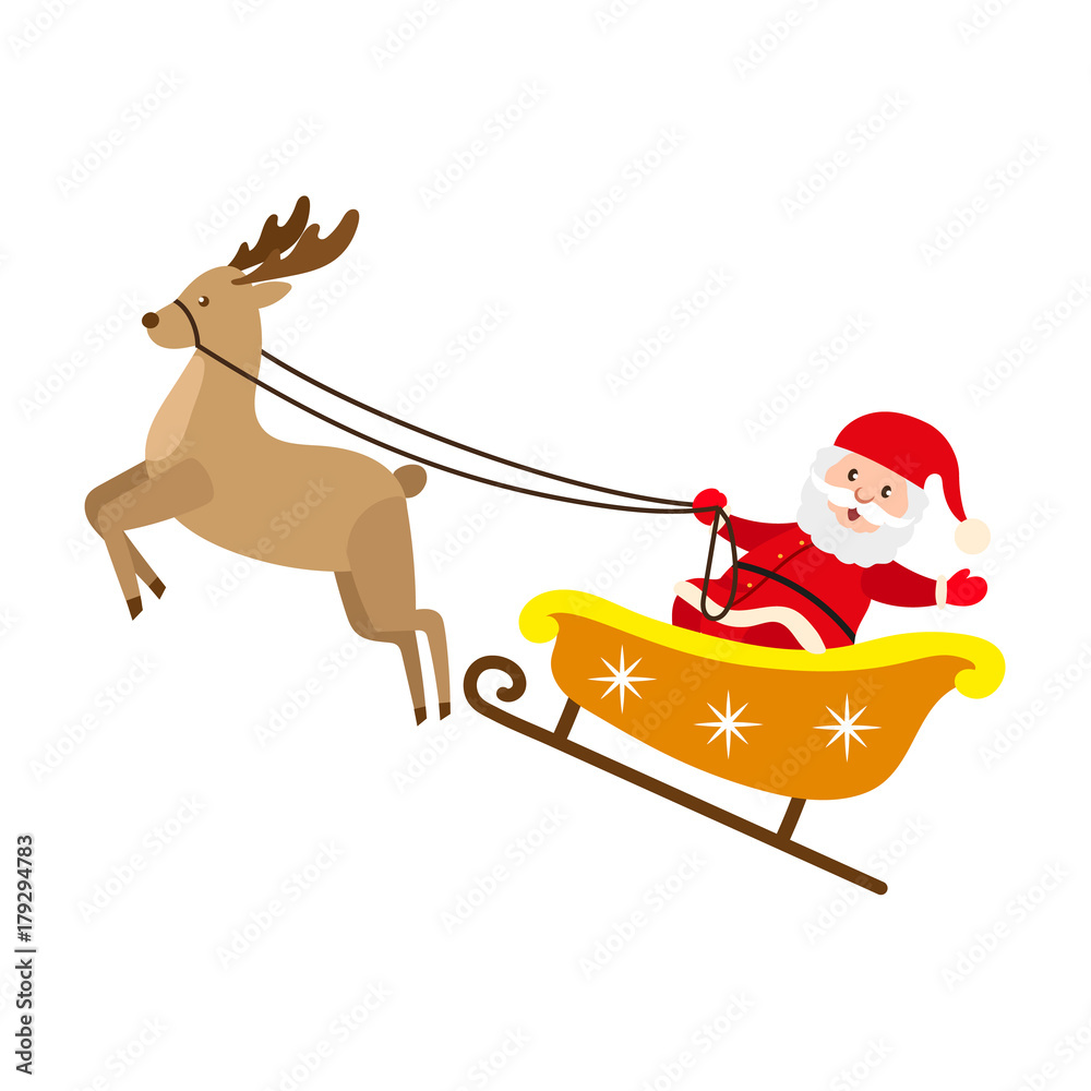 Funny Santa Claus riding reindeer sleigh, Christmas symbol, decoration  element, cartoon vector illustration isolated on white background. Funny  Santa Claus character in reindeer Christmas sleigh Stock Vector | Adobe  Stock