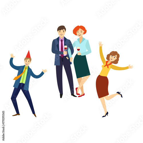 Happy people, colleagues having fun, dancing, drinking at corporate party, cartoon vector illustration isolated on white background. People having corporate party in office, dancing, drinking wine