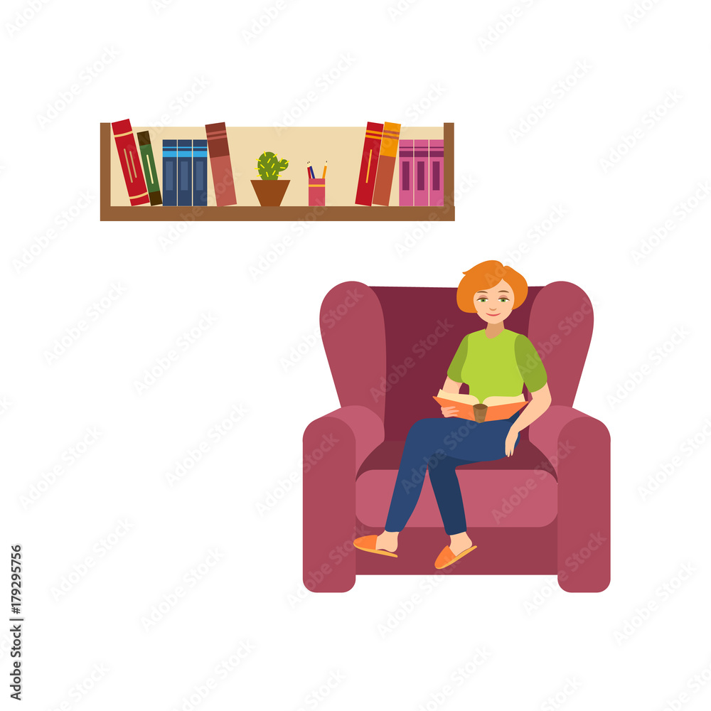 vector flat girl reading book. Beautiful adult woman in casual clothing sitting at armchair holding book at home or library near bookshelf. Isolated illustration, white background