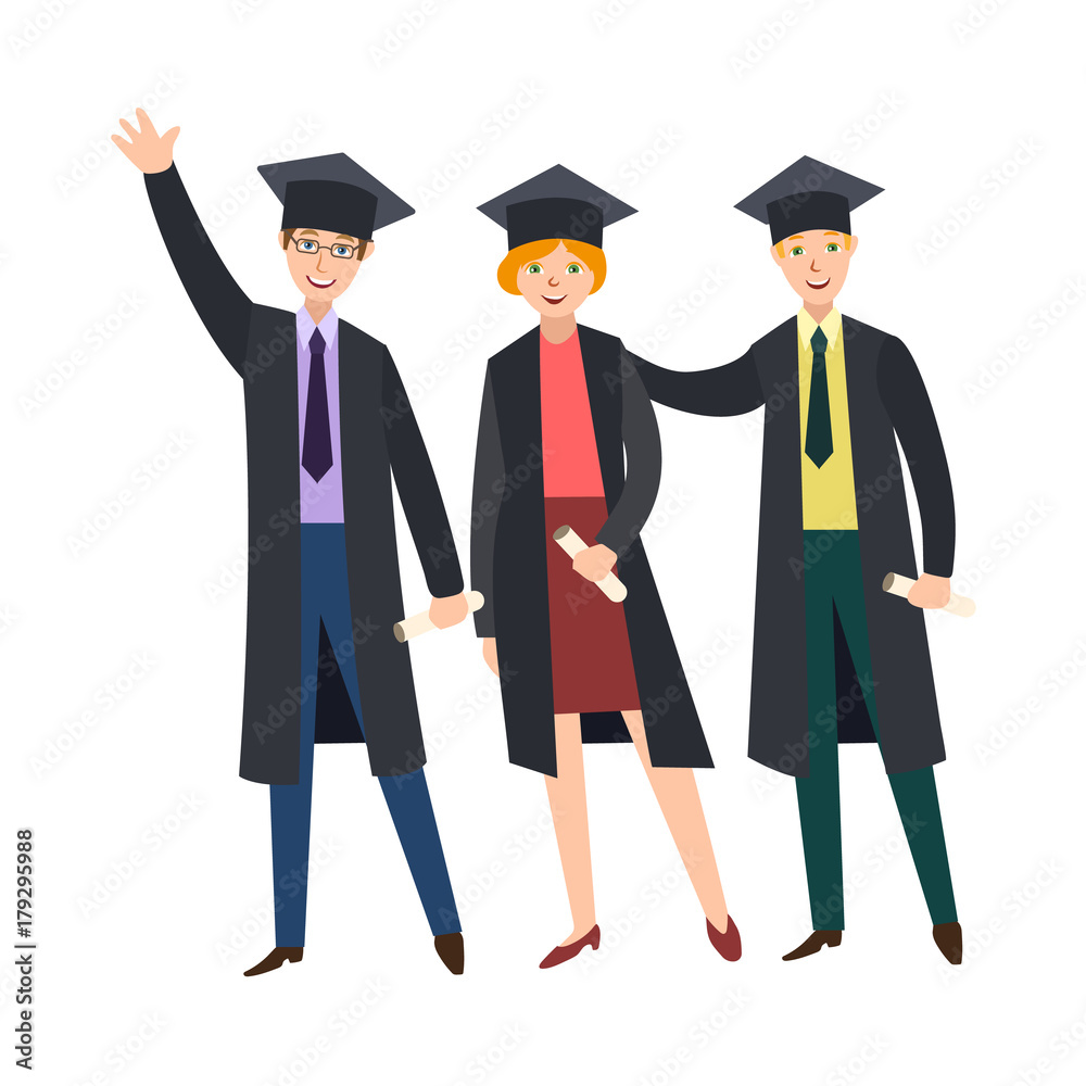 Three happy college graduates, students in graduation cap and gown, holding diplomas, cartoon vector illustration isolated on white background. Graduates, classmates, friends in graduation caps, gowns Three happy college graduates, students in graduation cap and gown, holding diplomas, cartoon vector illustration isolated on white background. Graduates, classmates, friends in graduation caps, gowns