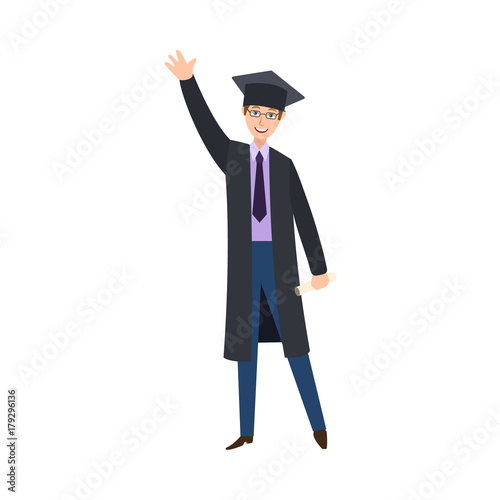 vector flat male college, university happy graduate character, boy in graduation gown, cap necktie holding diploma saying hello waving hand smiling. Isolated illustration on a white background.