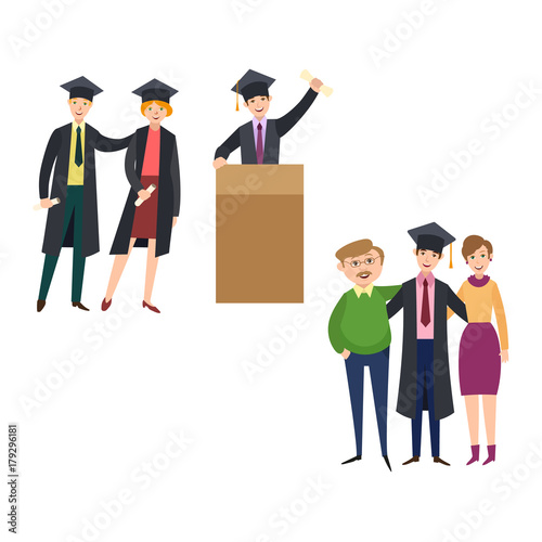 vector flat college, university graduates scenes set. Boy standing hugging parents, friends in graduation gown, caps celebrating holding diplomas, man standing near tribune. Isolated illustration