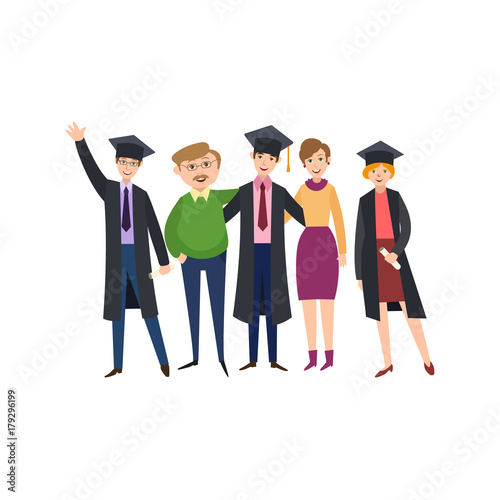 vector flat college, university graduates scenes set. Boy standing hugging parents, man and woman in graduation gown caps standing smiling holding diplomas. Isolated illustration on a white background