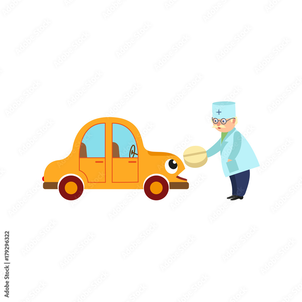 vector flat doctor mechanic, grey-haired man in medical clothing going to treat smiling yellow car character with eyes giving it big pill. Isolated illustration on a white background. vector flat doctor mechanic, grey-haired man in medical clothing going to treat smiling yellow car character with eyes giving it big pill. Isolated illustration on a white background.