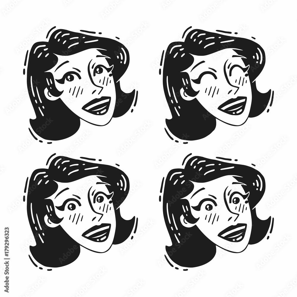 black and white set of different positive emotions funny girl black and white set of different positive emotions funny girl
