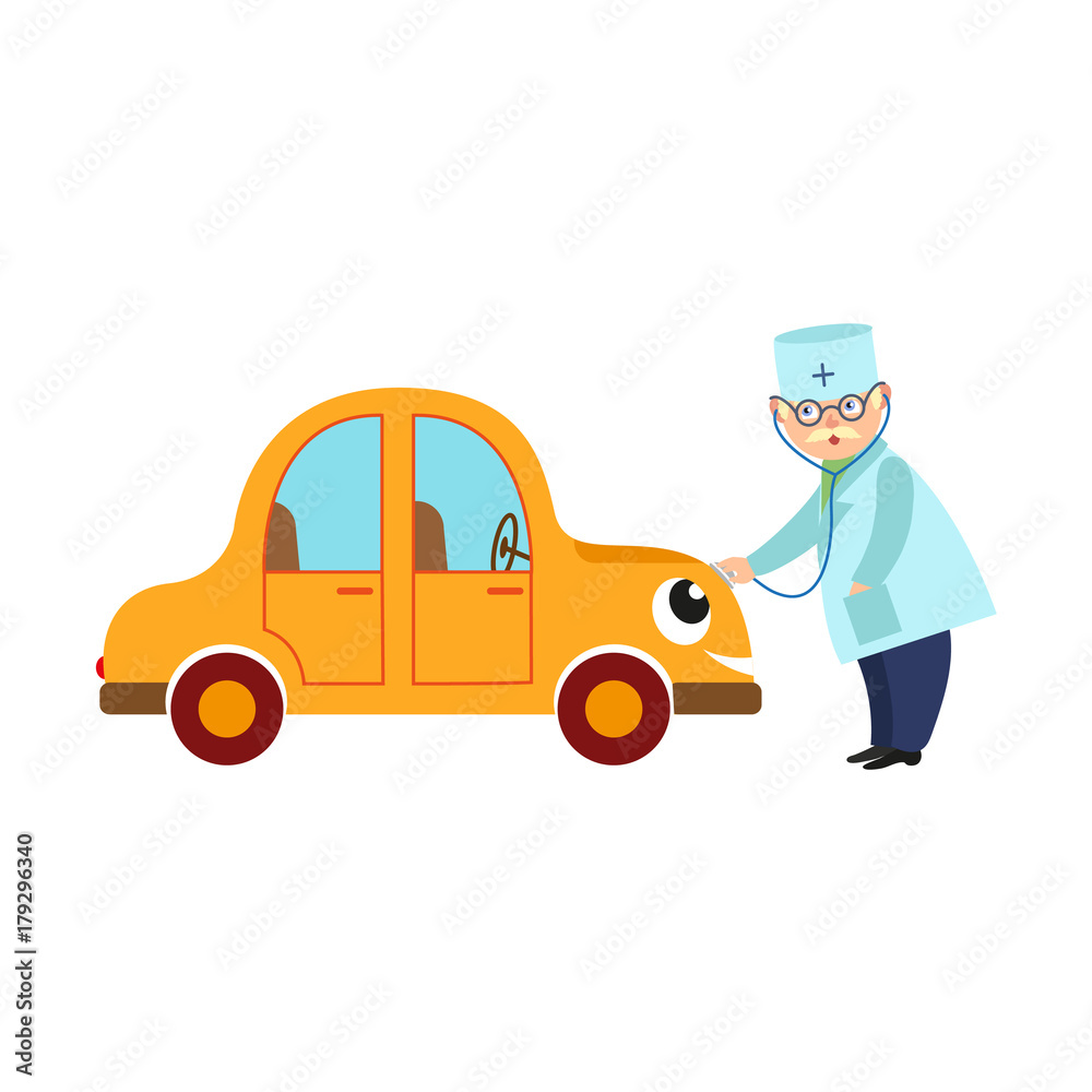 vector flat doctor mechanic, grey-haired man in medical clothing holding stethoscope going to treat smiling yellow car character testing its lungs. Isolated illustration on a white background.